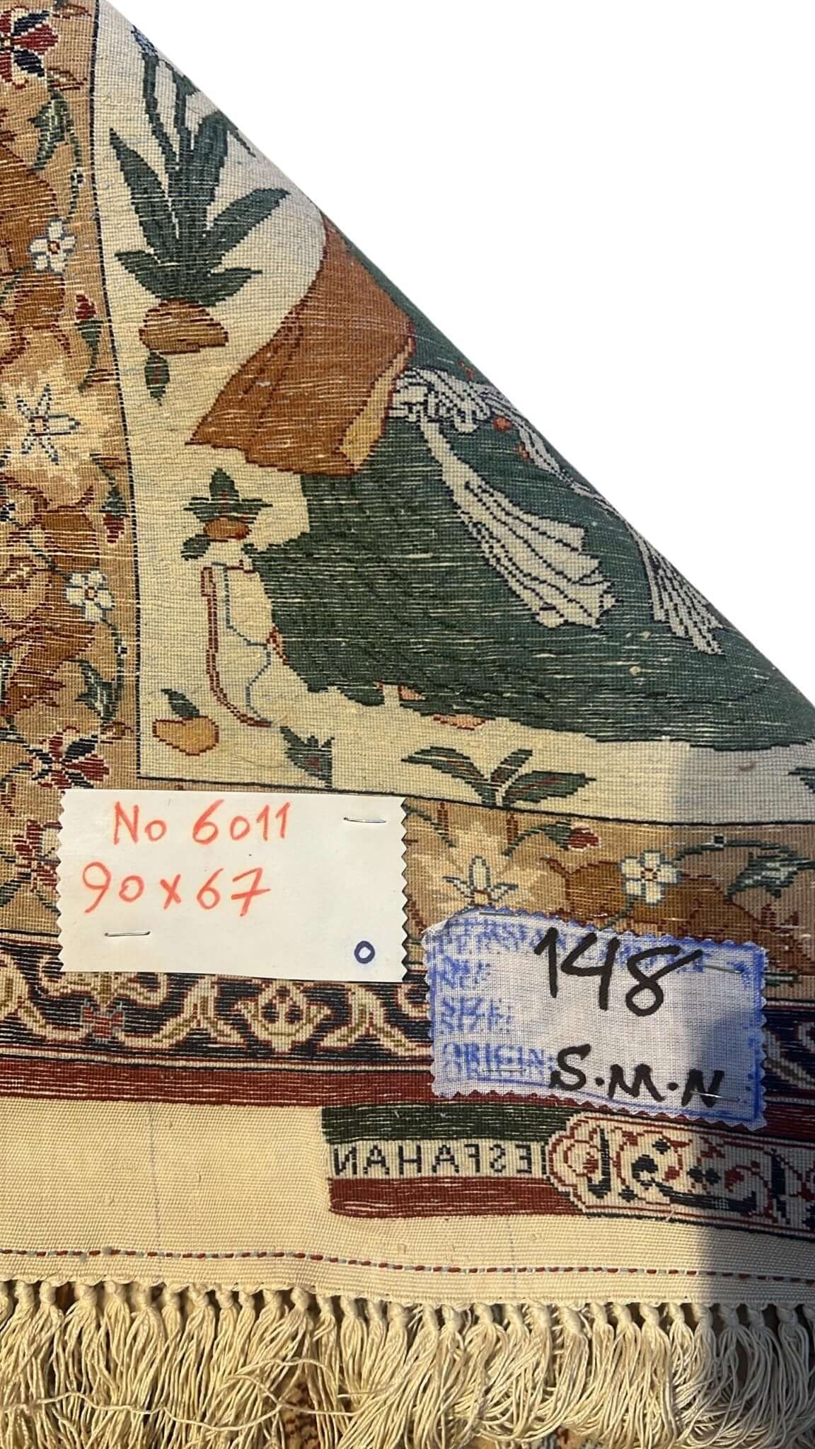 Backside of Seirafian 2x3 beige Persian carpet, highlighting fine hand-knotted craftsmanship.